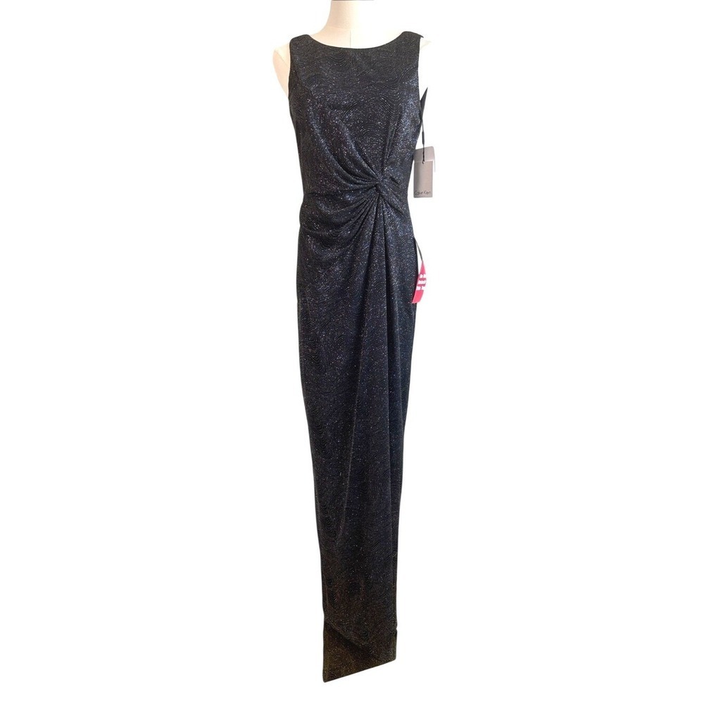 NEW Calvin Klein Black Metallic Sparkle Column Gown Sleeveless Maxi Dress